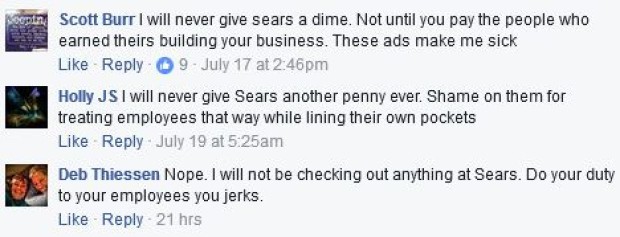sears canada facebook comments layoffs